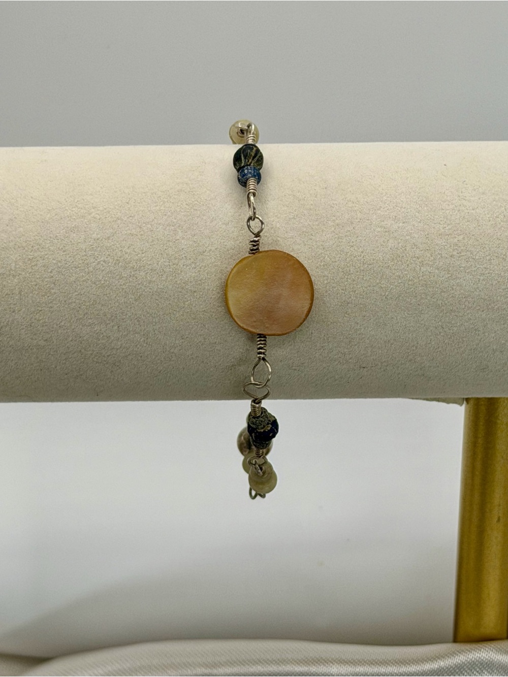Vintage 925 Sterling Silver Mother of Pearl Wire Wrapped Beaded Boho Bracelet